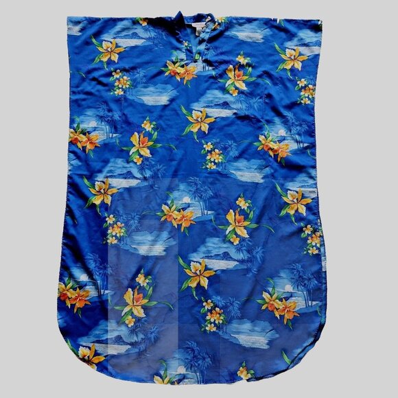 Sweethearts Hawaiian Kaftan One Size Blue Volcano Floral Sunset Hostess Dress - Picture 6 of 12